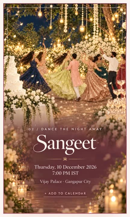 Sangeet invitation: 10 December 2026, 7 PM IST, Vijay Palace, Gangapur City