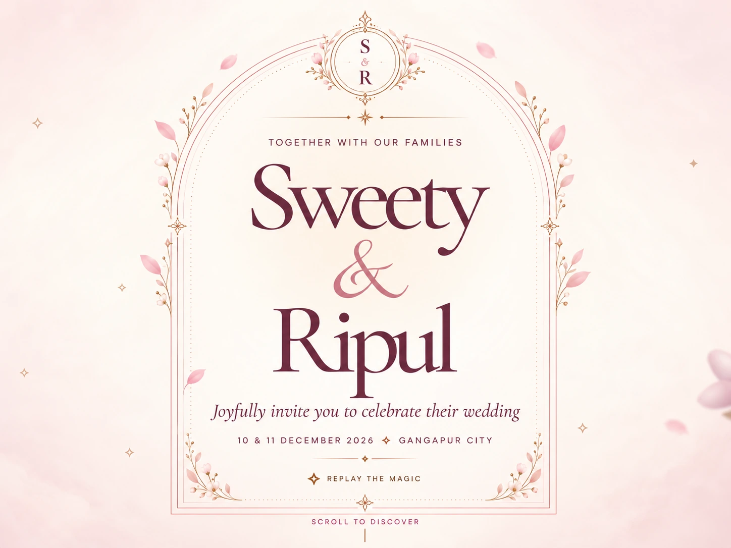 Elegant ivory and blush invitation with a fine rose-gold floral arch, a beautiful S and R monogram, the names Sweety and Ripul, and the dates 10 and 11 December 2026.